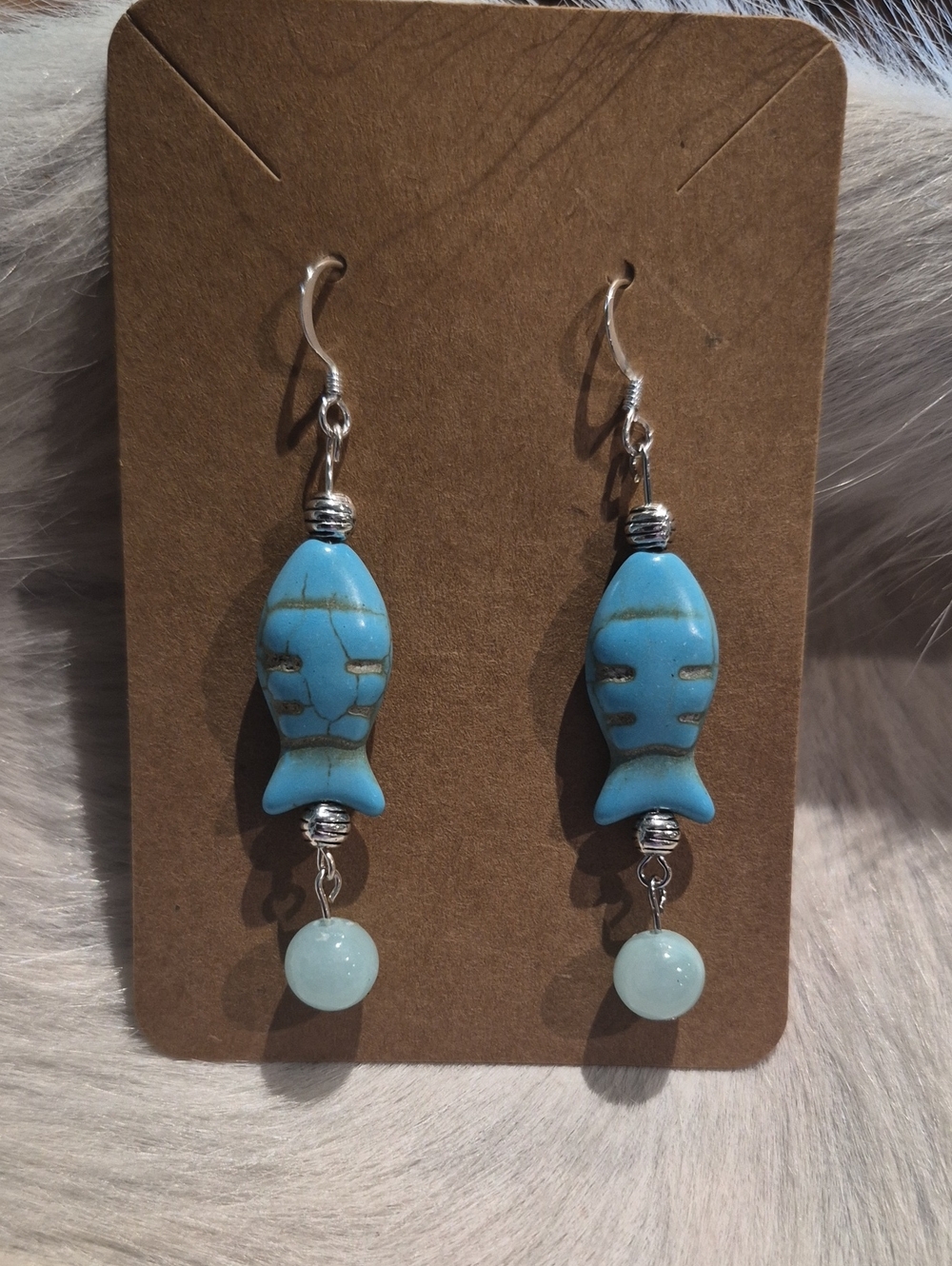 Turquoise Fish Dangle Earrings with Light Blue Bead